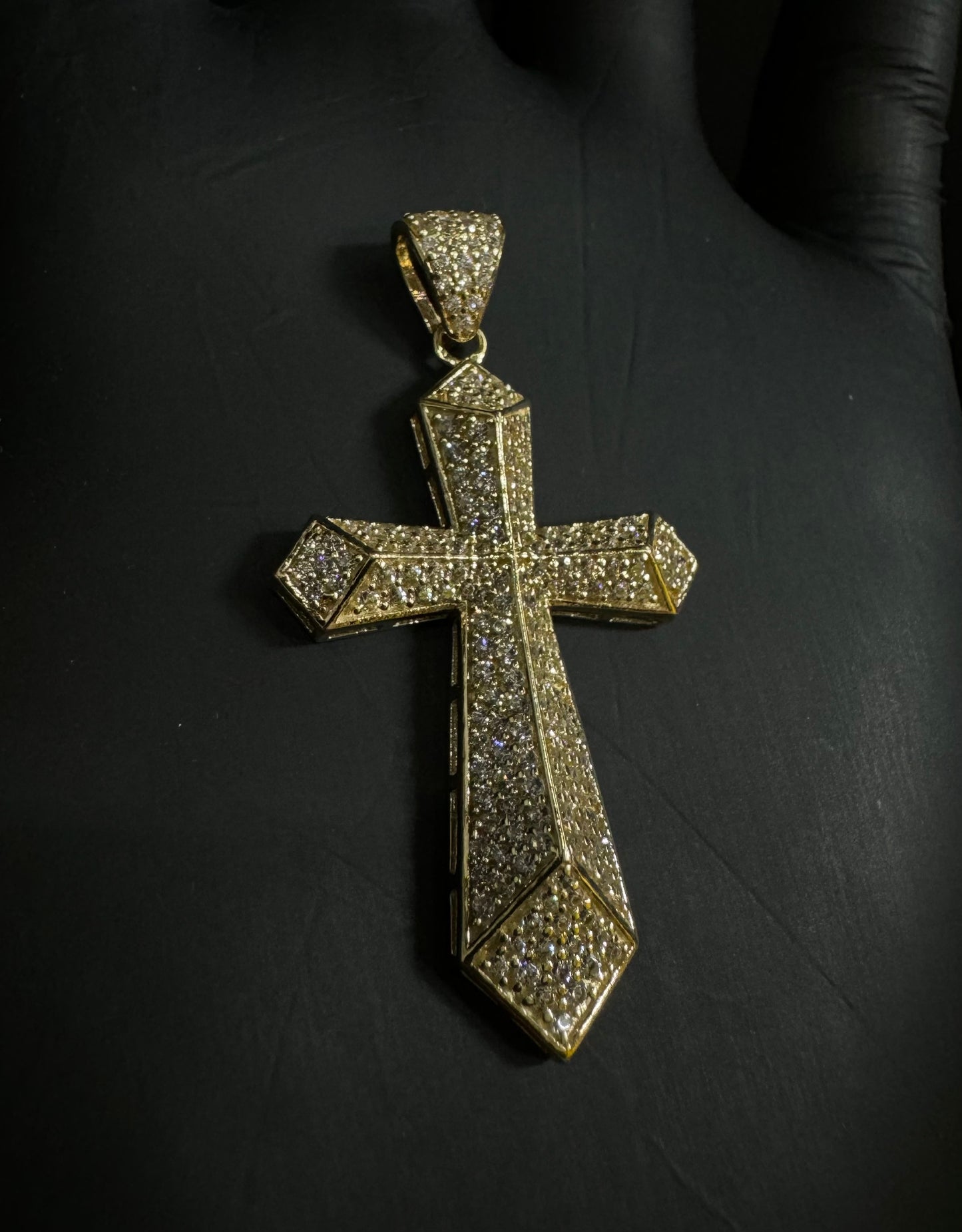 14K Gold Semi-Solid Cross Pendant With CZ